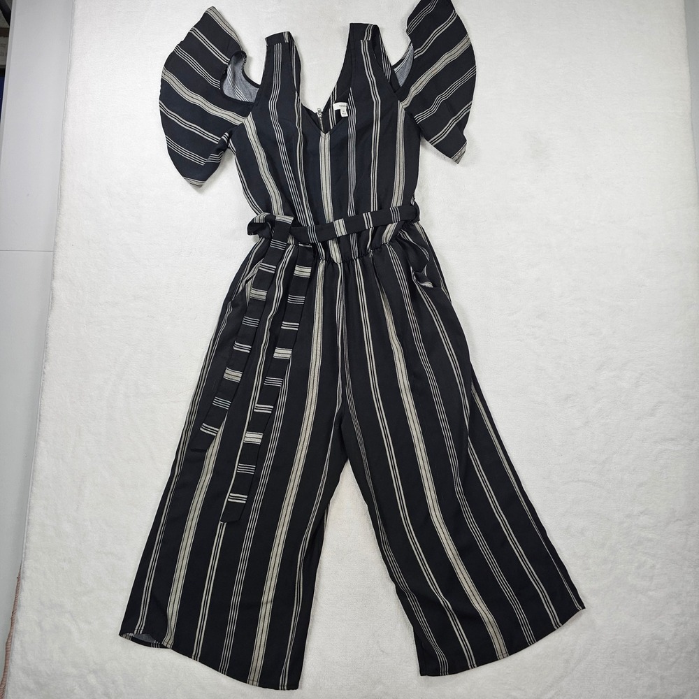 Eyeshadow Jumpsuit Womens M Black Striped Good Cold Shoulder Wide Leg Belted